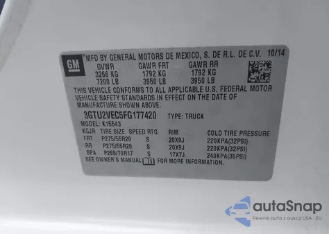 2015 GMC Sierra 1500 Slt z USA, uszkodzony, nr VIN 3GTU2VEC5FG177420